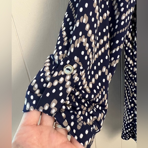 PerSeption Petite Navy Print Blouse, roll-tab sleeves, quarter zip, Women’s PS - Picture 2 of 7